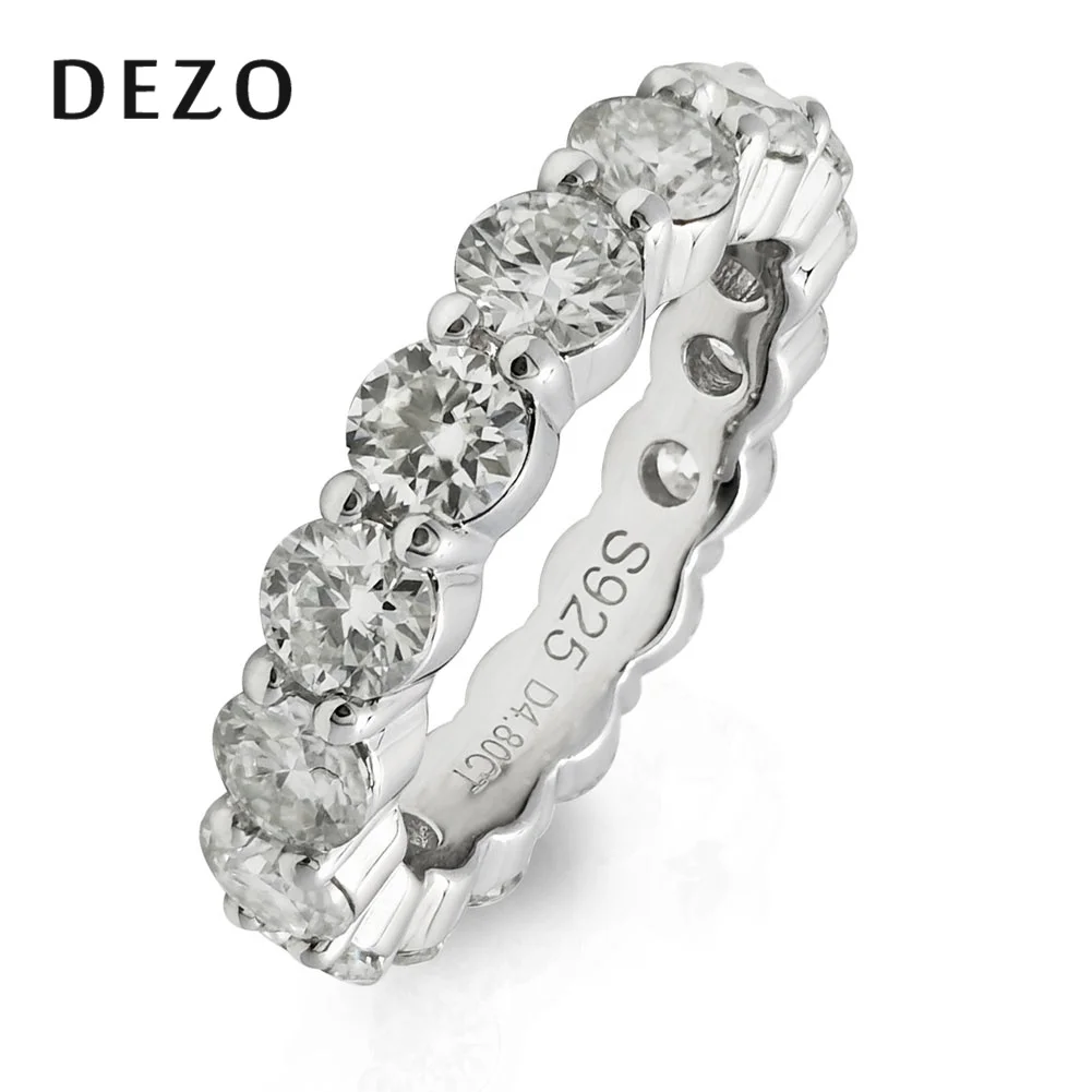 DEZO 4mm Moissanite Wedding Band Womens Genuine 925 Sterling Silver Simulated Diamond Round Cut Eternity Ring Total 5ct
