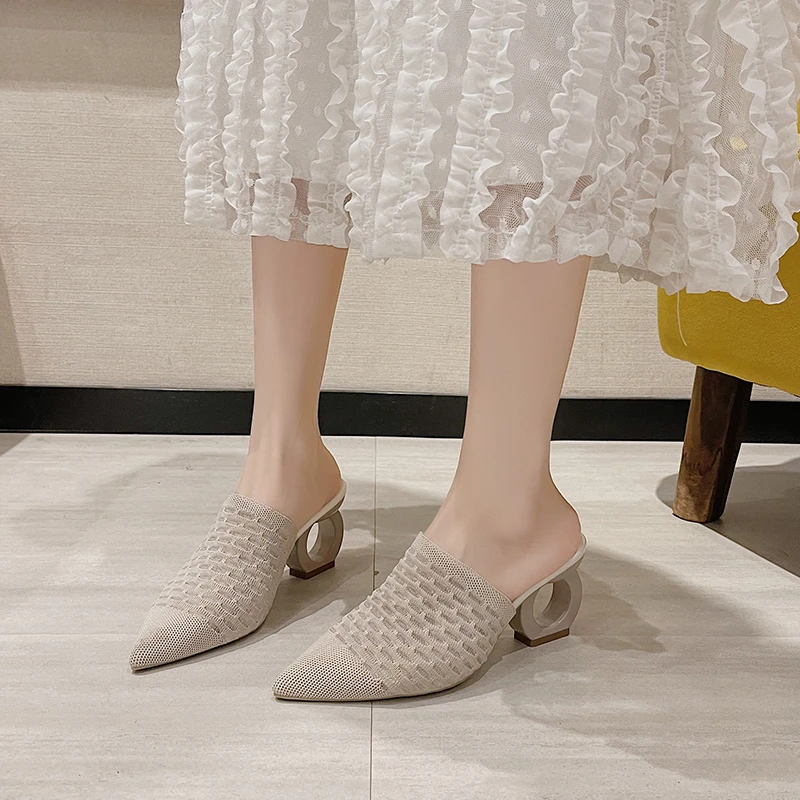 

Шлепанцы LazySeal женские сетчатые, заостренный носок, каблук 7 см, стрейчевая ткань, без застежки, сланцы, без задника, большие размеры 43