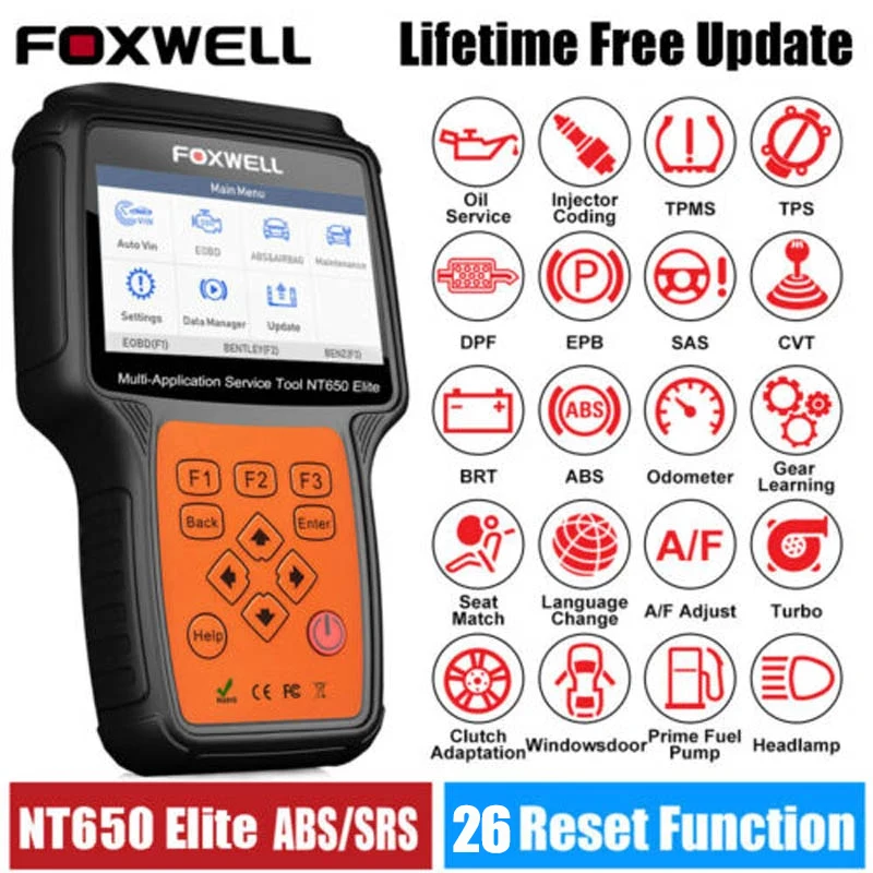 FOXWELL NT650 Elite OBD2 Scanner Car Diagnostic Tool Free Update BRT Injector Coding DPF ABS TPS Reset Automotive Scanner