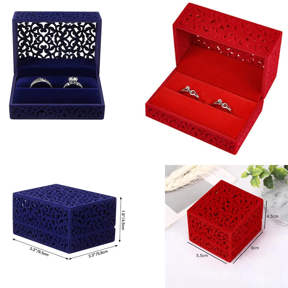 

Blue Red Fashion Hollow Velvet Ring Box Couple Double Ring Box For Wedding Engagement Gift Jewelry Organizer Packing Box 2 Sizes