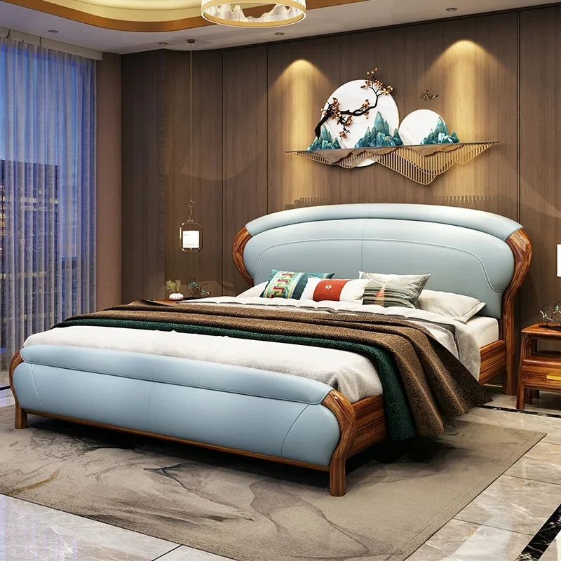 Кожаная двухместная кровать из массива дерева 1 8 м основная для спальни 5 вилла