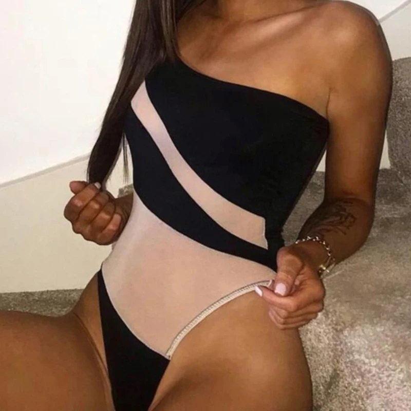 

One Shoulder Swimsuit One Piece Swimwear Women Mesh Swimming Suit Sexy Bathing Suits Female Beach Summer Bodysuit Monokini