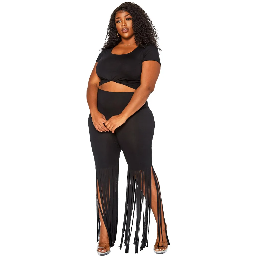 Plus Size 2023 Fashionable New Women's Summer Solid Color Short-sleeved Top Casual Tassel Capris Slim Two-piece Set