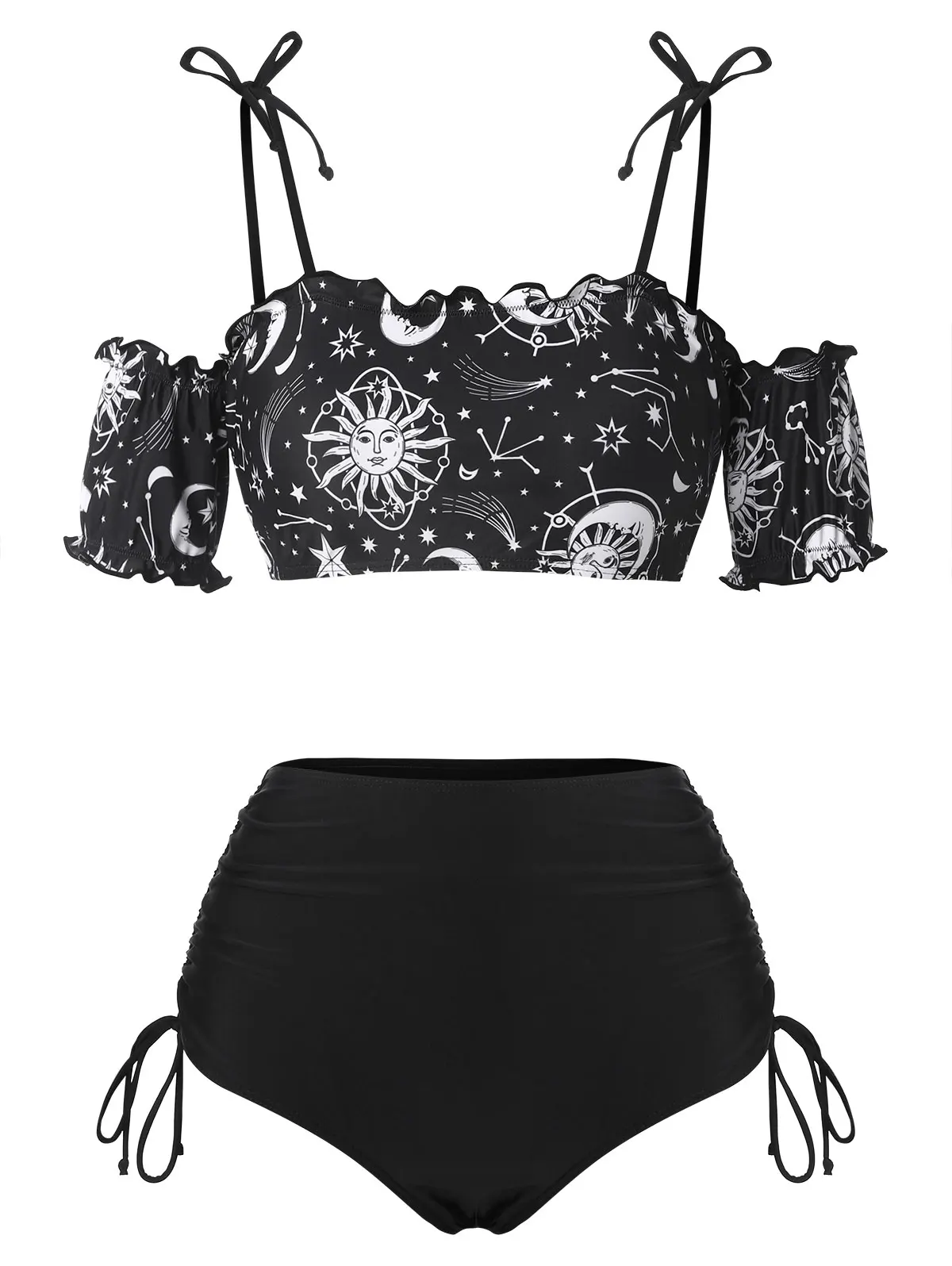 Gothic Puff Sleeve Swimsuit Two-Piece High Waist Bikinis Briefs Cinched Top Set Removable Pads Women Swimwear Bathing Suit New