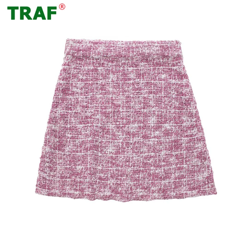 

TRAF Pink Knit Mini Skirts Women Plaid High Waist Skirts for Women Summer Textured A Line Woman Skirt Elegant Streetwear Skirt