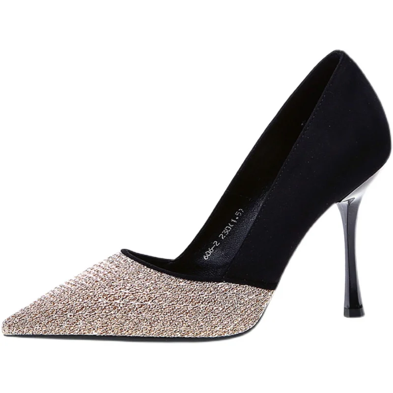 

Women Korean Style Elegant Party Shoes 2022 New Pointed Toe Sequin Stitching High Heel Shoes Slip-on Metal Stiletto Pumps