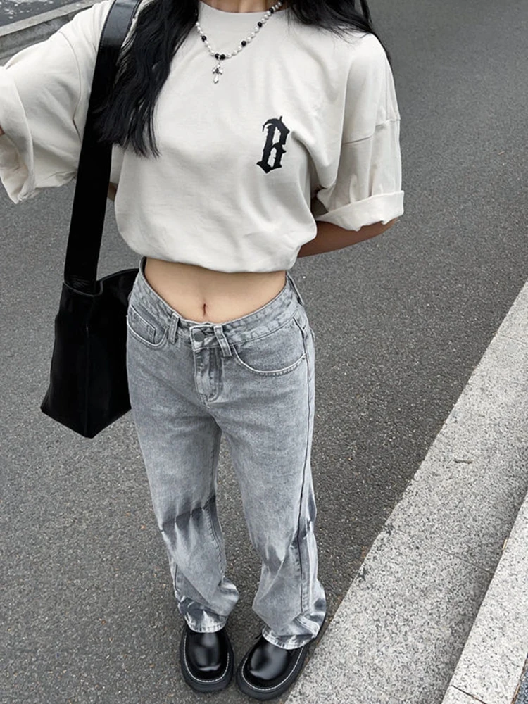

Women Grey Gradient Color High Waist Jeans Summer Fashion Straight Baggy Pants Street Harajuku Vintage Wide Leg Denim Trousers