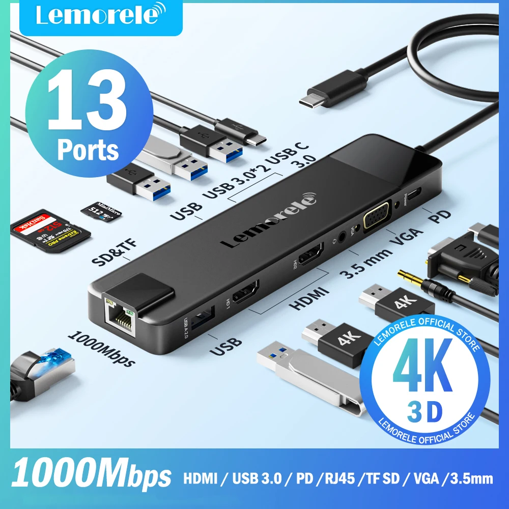 Док-станция Lemorele, 13 в 1, HDMI, RJ45, PD100W