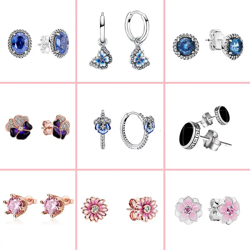 

Женские серьги-гвоздики из серебра 100% пробы, с розовыми маргаритками и бабочками