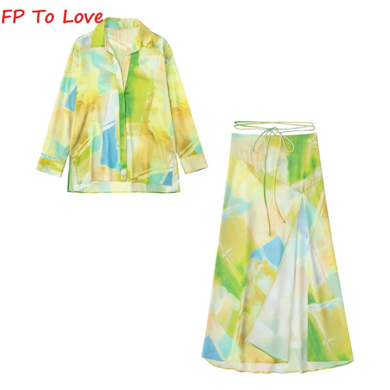 

FP To Love Summer 2022 Vintage Tie Dye Printed Long Sleeve Shirt Chic Lace Up Print Skirt Silk Satin Midi Skirt