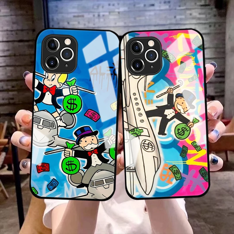 

Trend Cartoon Dollar Alec Monopoly Glass Phone Cover For iPhone 11 12 13 14 Pro Max X XR XSMax 7 8 14 Plus Tempered bumper Case