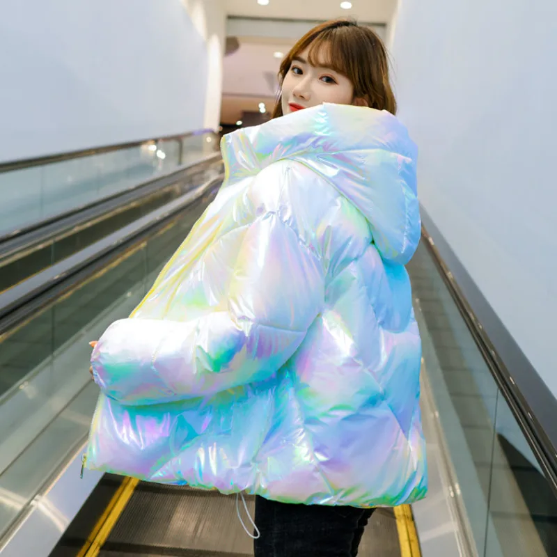 Bomber Puffer Jacket Thick Bread Reflective Parkas Winter Shiny Colorful Bright Coat Glossy Down Cotton Padded Jackets Women