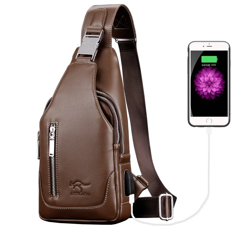 Fashion Men USB Charging Shoulder Bag Vintage PU Leather Crossbody Messenger Bag Male Trendy Sports Sling Bag