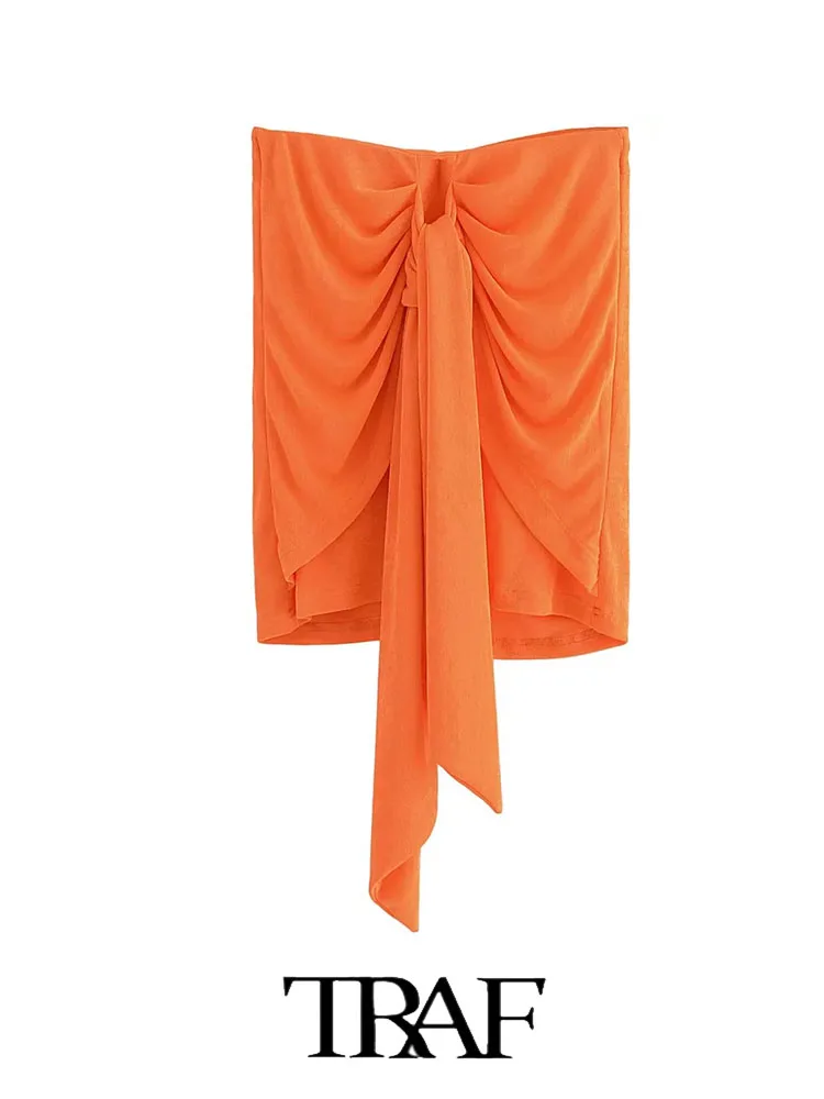 TRAF ZA&ree 2022 Women Solid Color Sexy Leisure New Orange Knitted Irregular Mini Skirt Woman Beach Summer Female Skirts