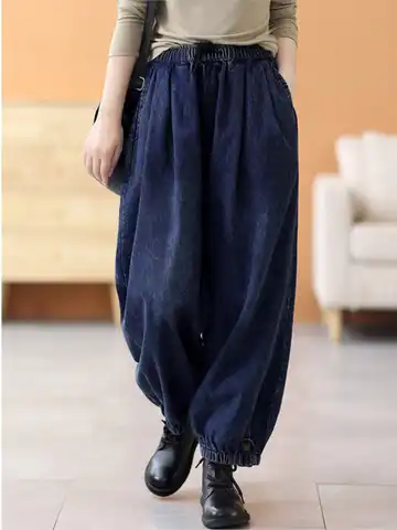 Women Jeans Autumn Winter Retro Loose Casual Denim Trousers 2022 Ladies New Elastic Waist pocket Simple All-match Trousers