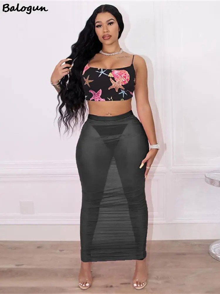 

Женский комплект из 2 предметов Balogun, летний пикантный сетчатый пляжный костюм, укороченный топ без рукавов и длинная юбка с принтом, 2022