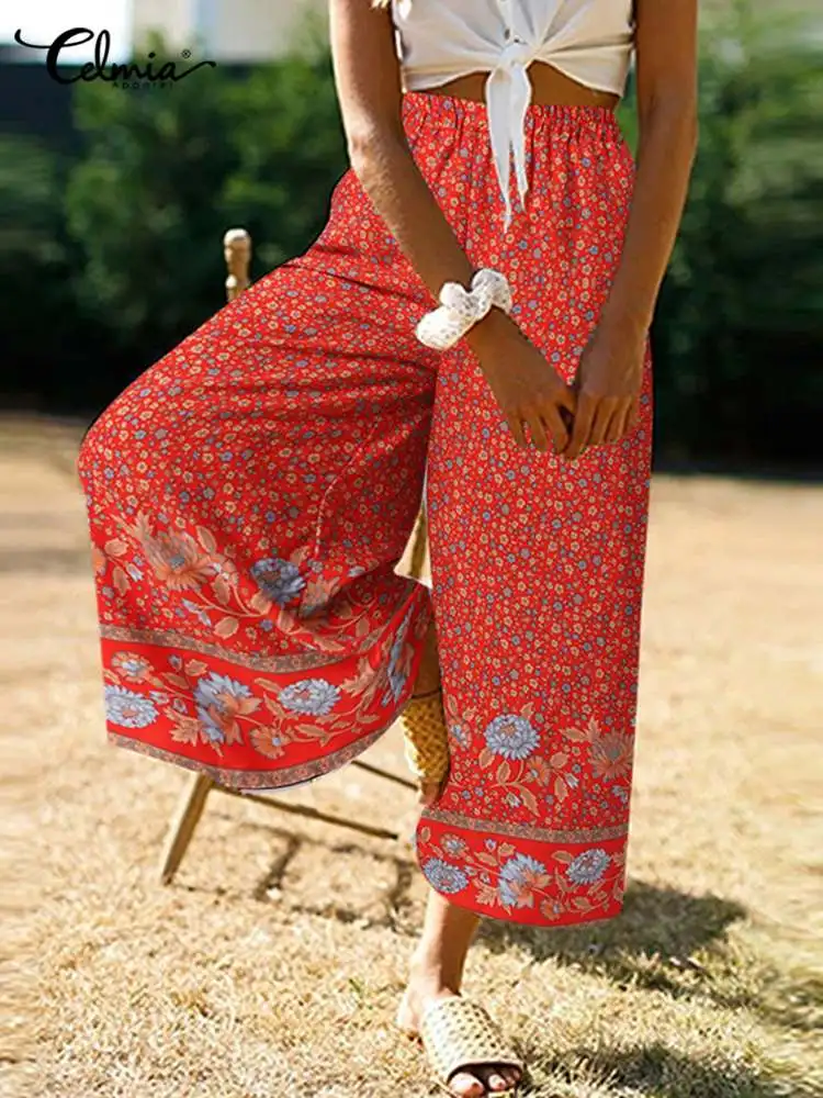 

Celmia Holiday Casual Loose Pantalon Mujer Elastic Waist Floral Print Pockets Bohemian Wide Leg Pants Summer Women Long Trousers