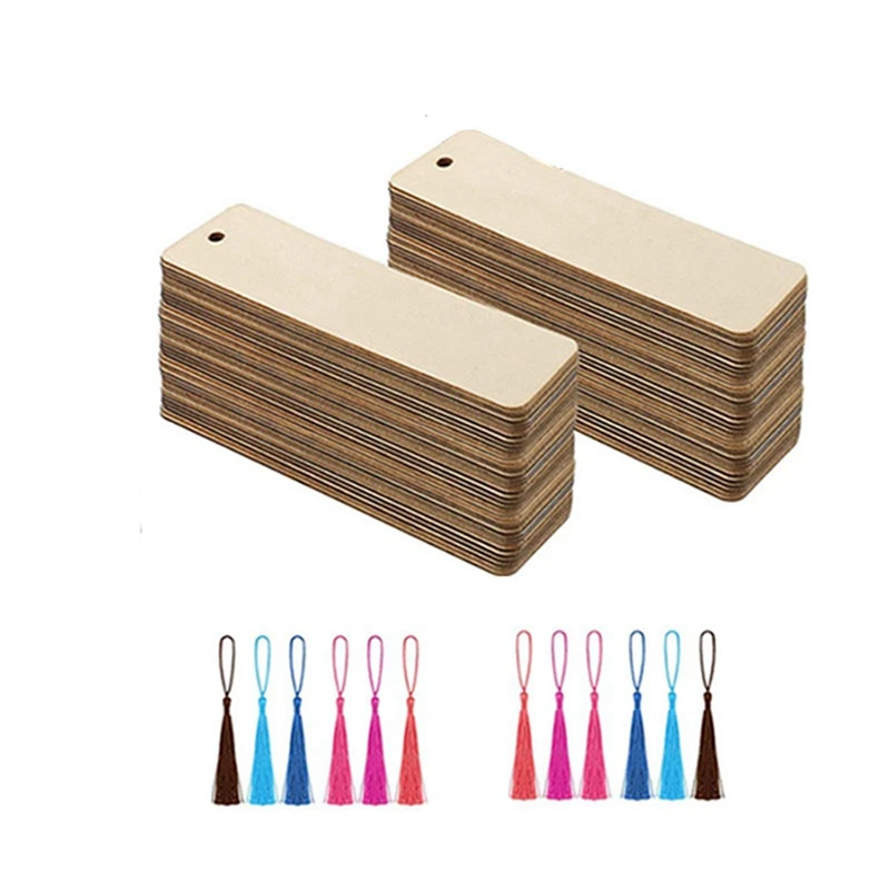 

72PCS Blank Rectangle Wooden Tags Unfinished Nature Wood Slice Bookmark Clothing Gift Bags Hanging Label with Holes Rope