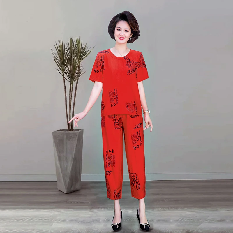 

Summer Middle-aged Women 2 Piece Set Outfits Floral Print Top & Harlan Pants Suits Casual Korean Ladies Sets