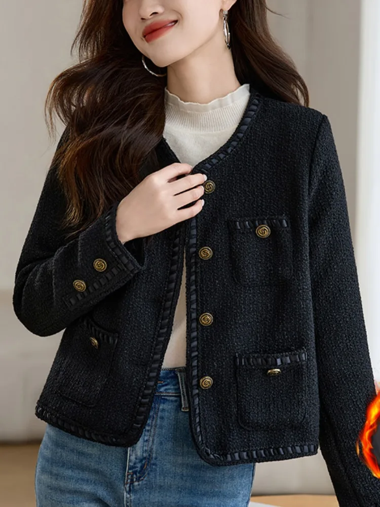 Черная повседневная изящная верхняя одежда с круглым вырезом женская