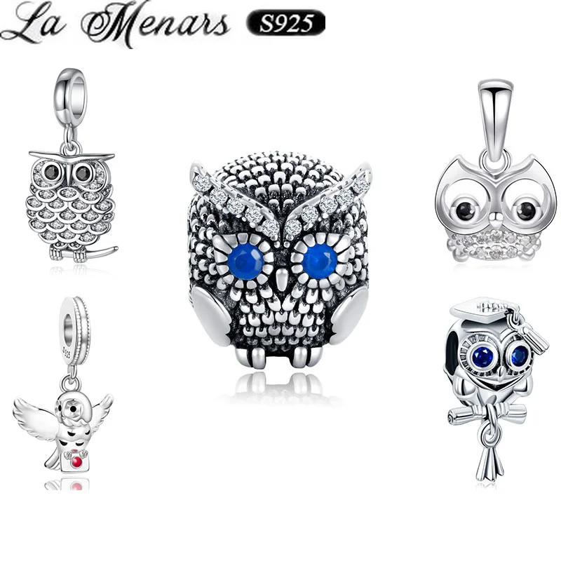 

La Menars Owl Series Beaded Pendant Lovely 925 Sterling Silver Charm for Women Bracelet Key Chain Decoration