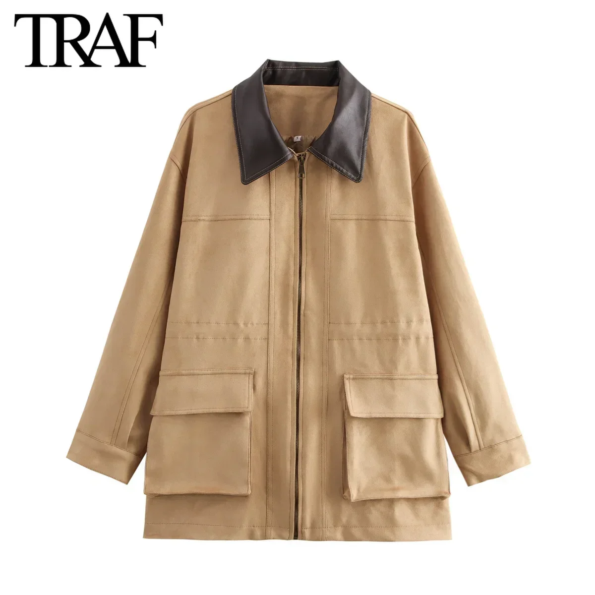 TRAF Замшевое пальто для женщин Мода Осень Зима Новые лацканы контрастного цвета с