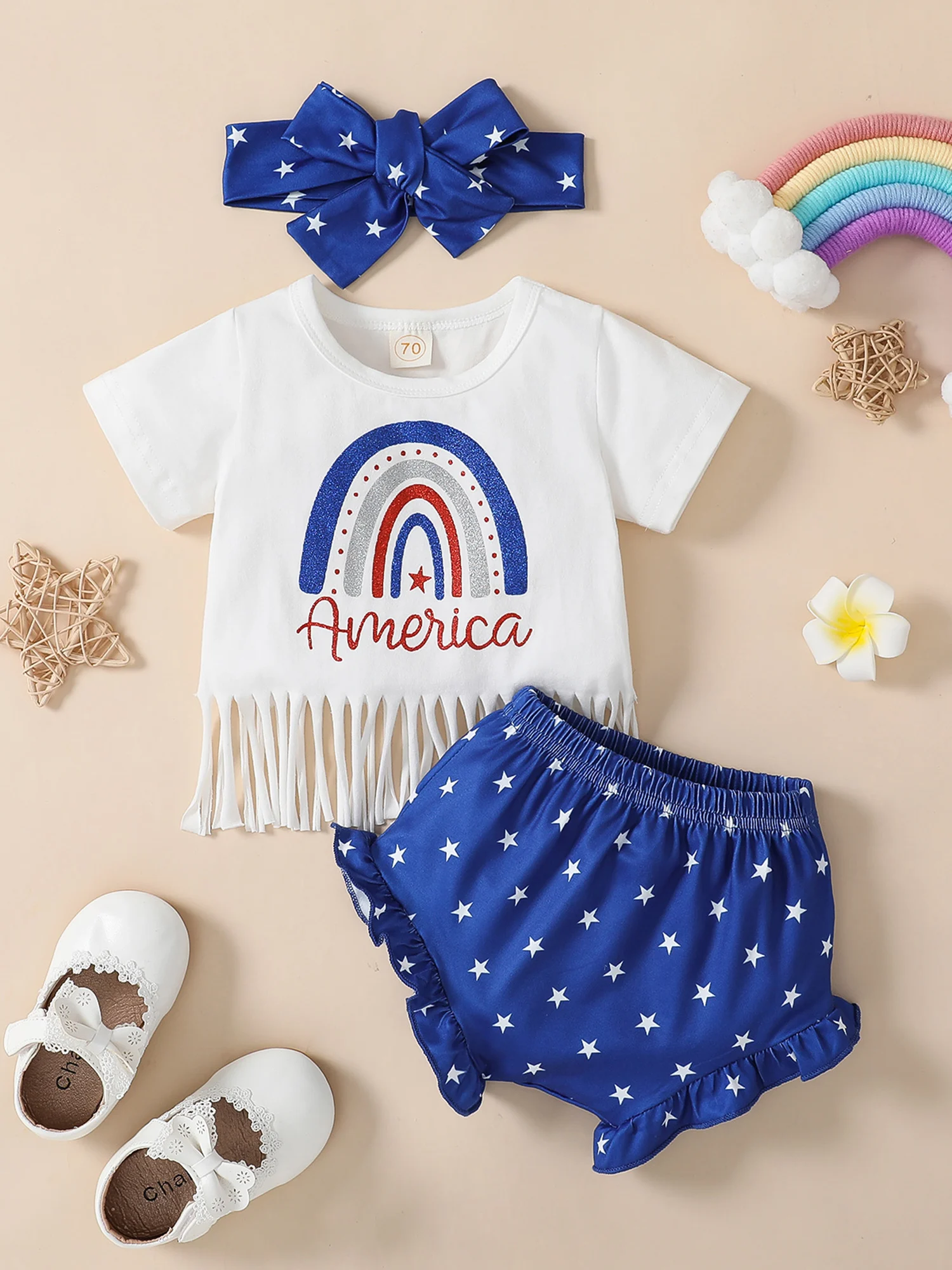

Baby Girl 4th of July Outfit Newborn Tassels T-Shirt Top Shorts Set Toddler Memorial Day American Flag Clothes (American