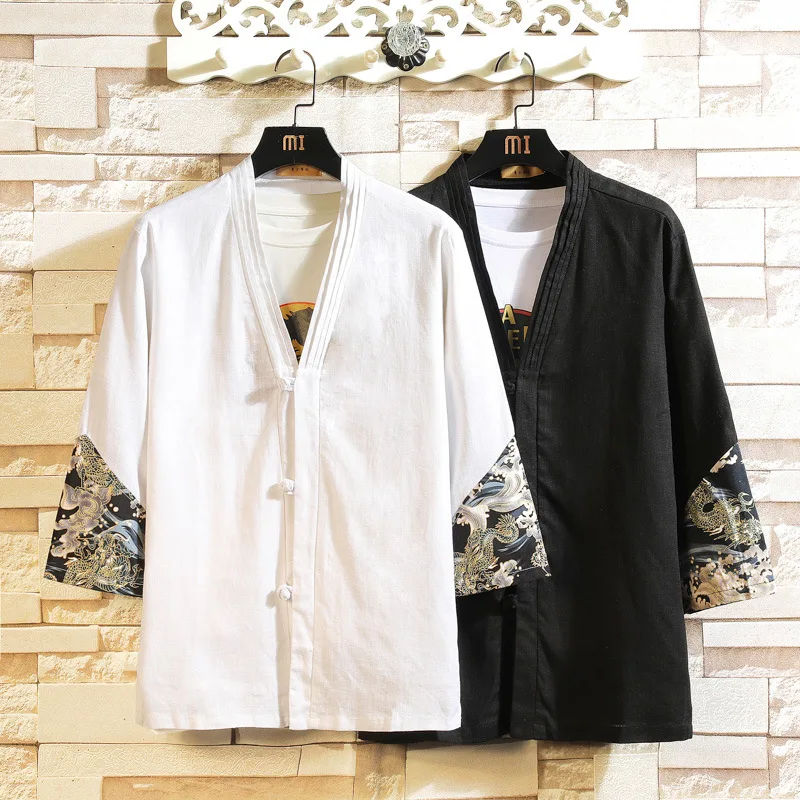 

short-sleeved shirt men's summer hanfu chinese style tang suit patchwork color cardigan taoist robe Wushu Kung fu Clothing