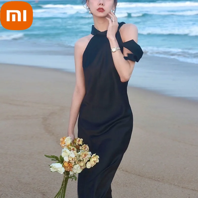 

XIAOMI Halter Sexy Party Long Dresses Women Evening Elegant Backless Holiday Summer Beach Dress Chic Designer Hepburn Black