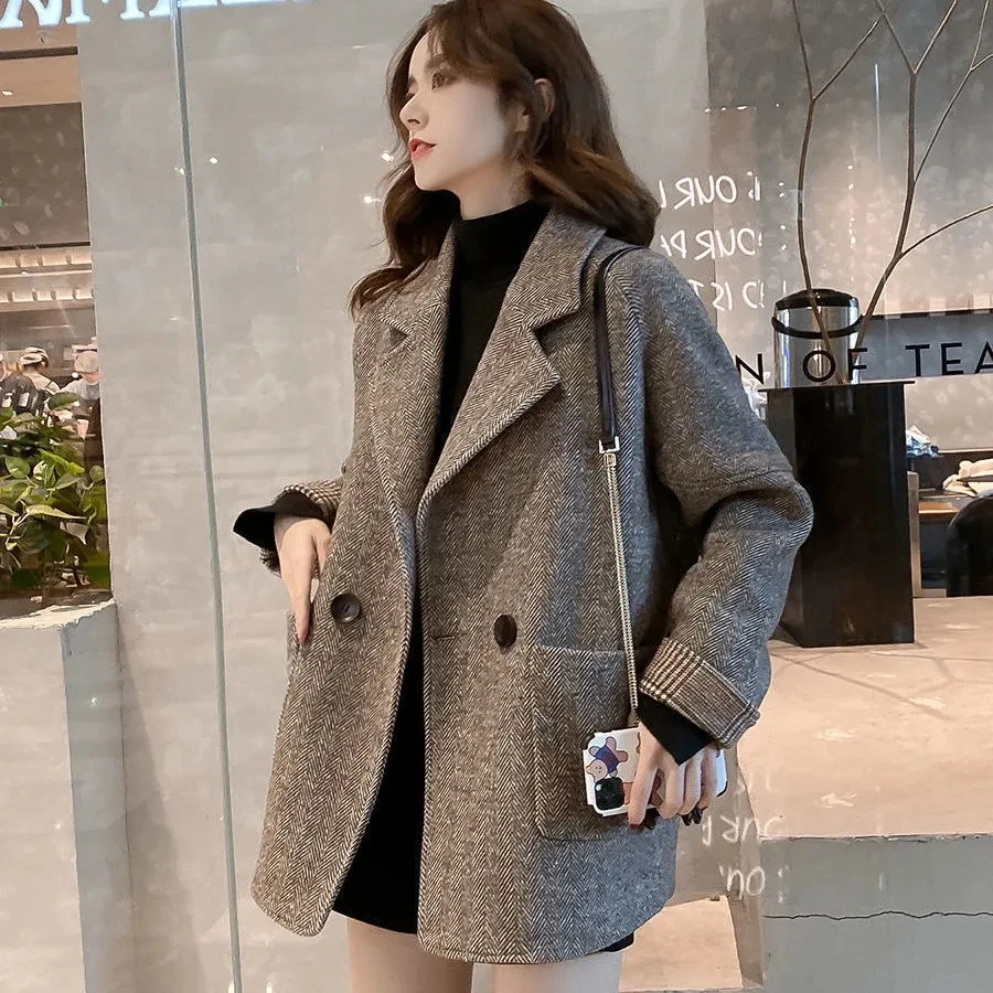 

Женский шерстяной костюм, пальто в корейском британском стиле, повседневный твидовый Тренч-блейзер на одной пуговице, верхняя одежда на осень и зиму