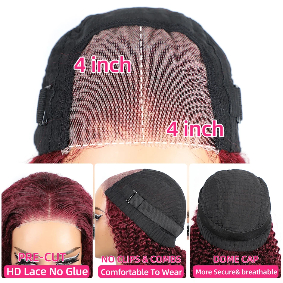 Волосы Ywawe волнистые волосы бордового цвета 99J парик без клея с предварительным