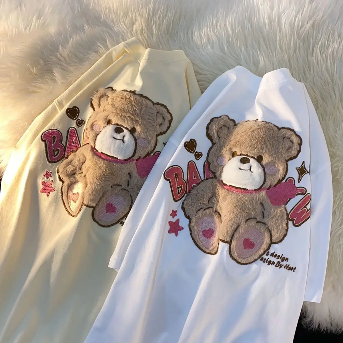 

Sweet and cool style 3D plush bear embroidered T-shirt for men and women Korean style niche personality street couple ins top