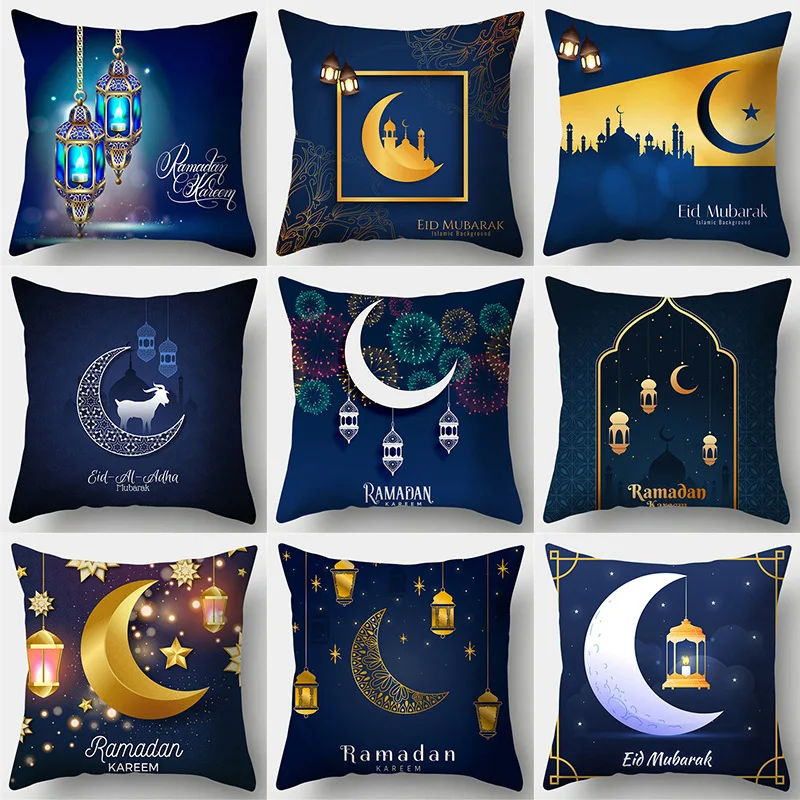 

Simple Eid Mubarak Ramadan Cushion Cover Dark Blue Moon Starlight Throw Pillow Cover Polyester Decorative Pillowcase for Home