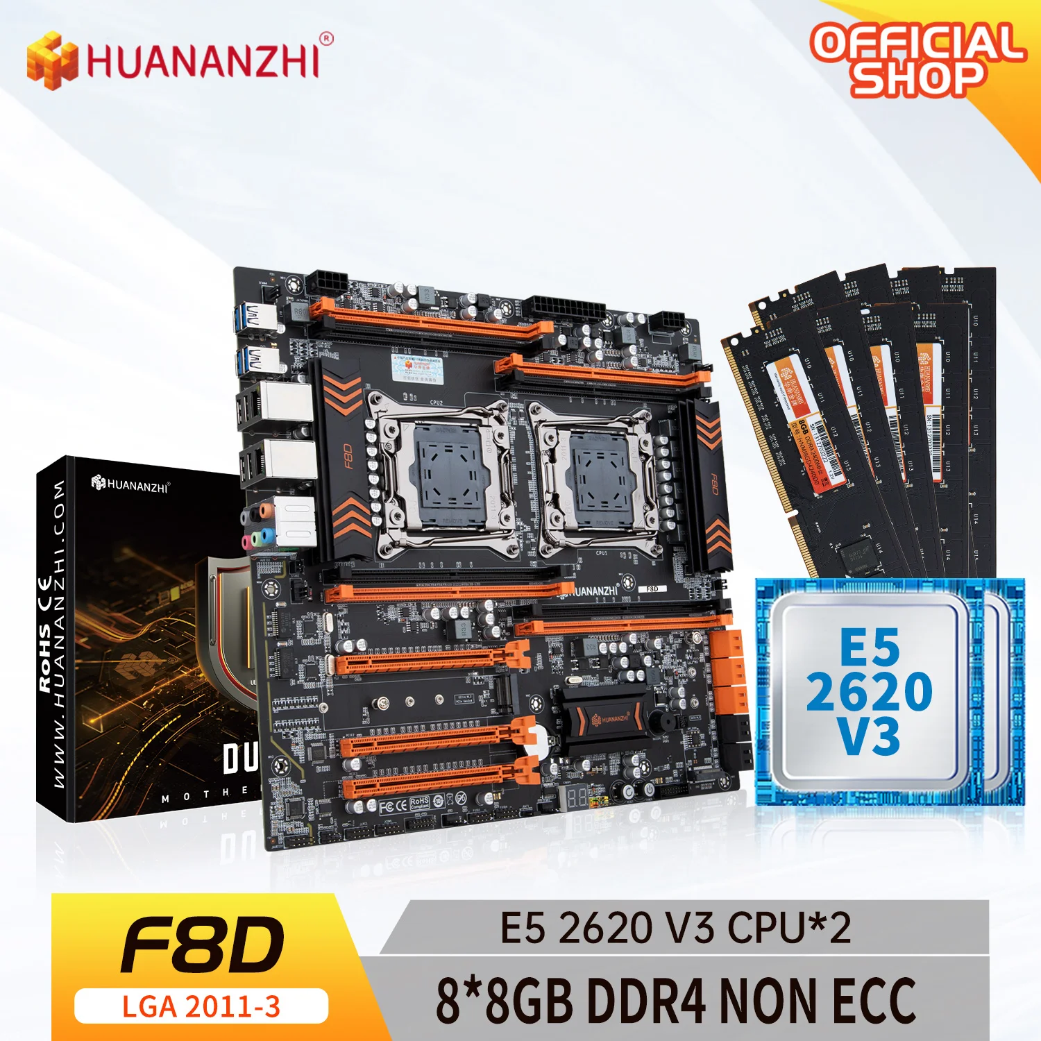 

HUANANZHI X99 F8D X99 Motherboard Intel Dual with Intel XEON E5 2620 V3*2 with 8*8GB DDR4 NON-ECC memory combo kit NVME USB