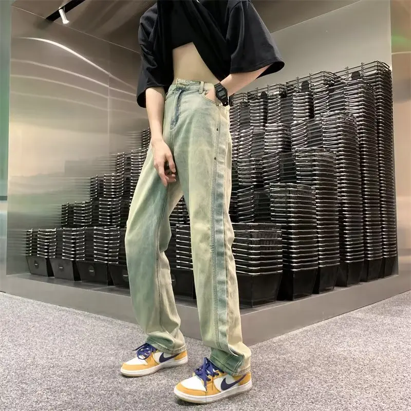 

Women's Green Jeans Vintage Washed Multiple Pockets Wide Leg Pants Casual Street High Waist Baggy Denim Trouser Ladies Summer