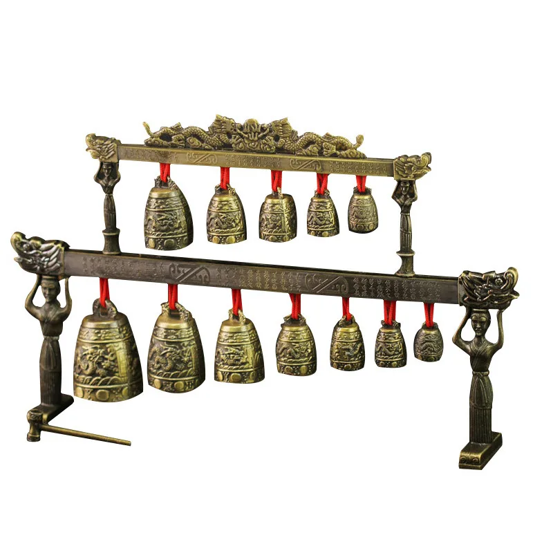 

Design Chinese Musical Instrument Bronze Metal Handicraft Home Decor Chinese Old Meditation Gong with 7 Ornate Bell with Dragon