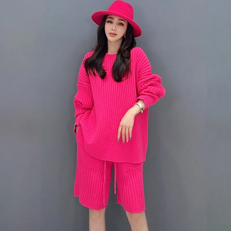 

Элегантный Женский комплект осенне-зимней одежды, джемпер + трикотажные брюки до колена, комплект из двух предметов, однотонная теплая одежда, Женский комплект