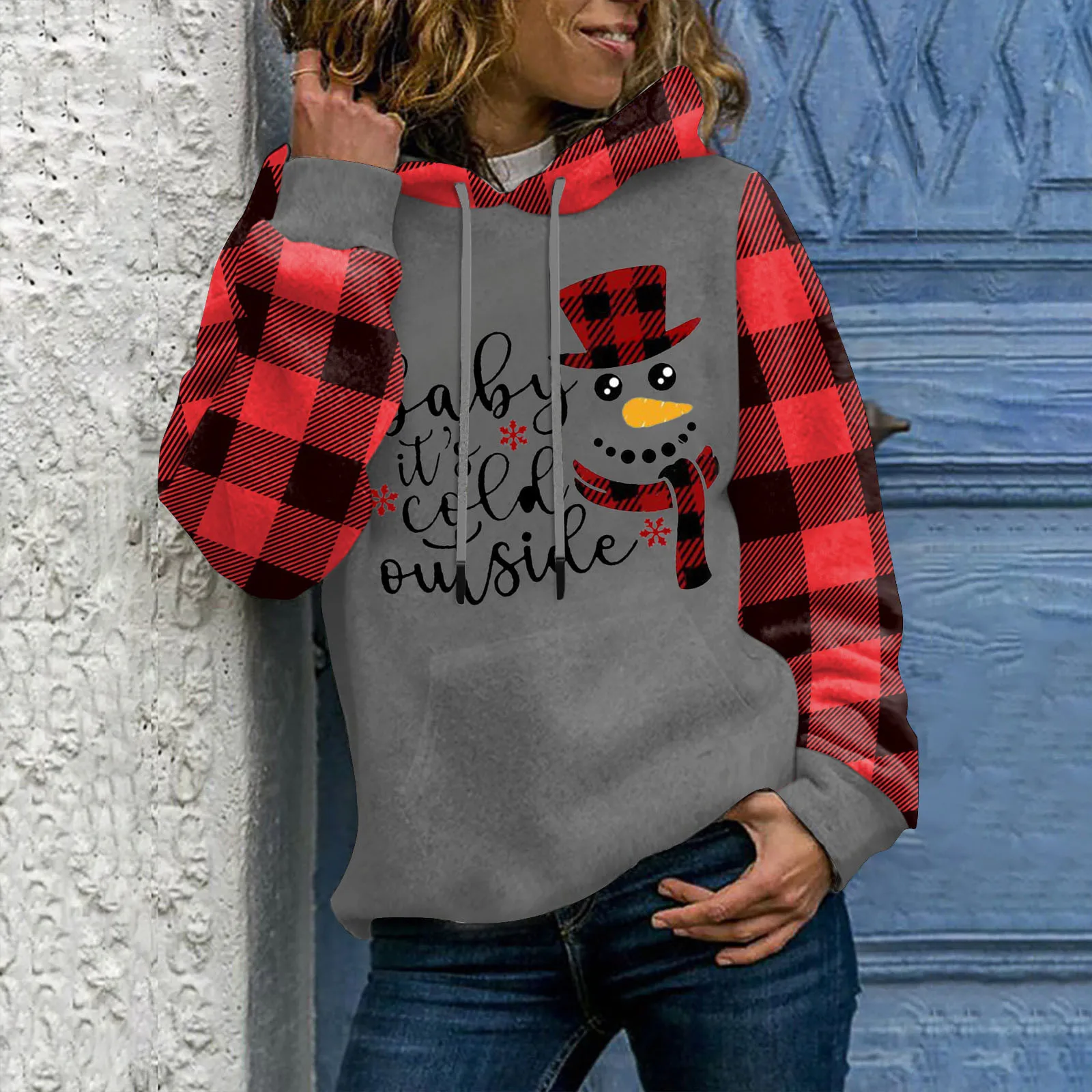 

Women's Christmas Printed Plaid Stitching Top Sweatshirt Hoodie With Pockets Clothe with Pocket Half Snap Pullover Women