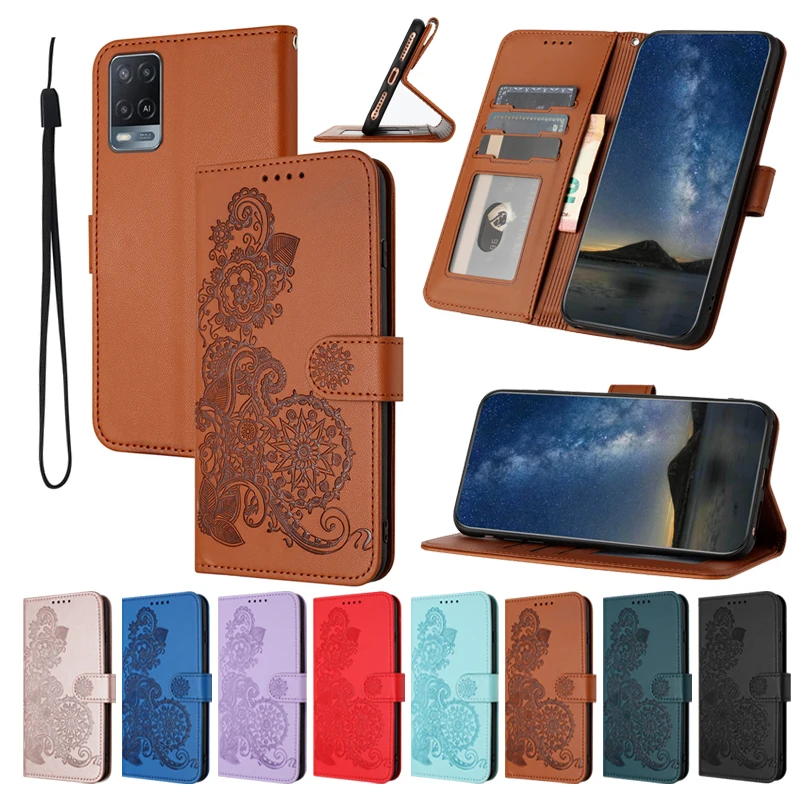 

For OPPO A95 A94 A93 A92 A78 A77 A74 A73 A72 A58 A57 A54 A53 A52 A35 A31 A16 A15 A12 Wallet Datura Embossed Leather Phone Cases