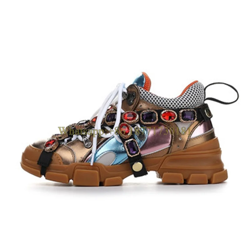 

Gem Chain Front Tie Thick Bottom Heightening Sneakers Women's Shoes 2022 Color-Mixed Rhinestone All-Match Casual Trendy Shoes