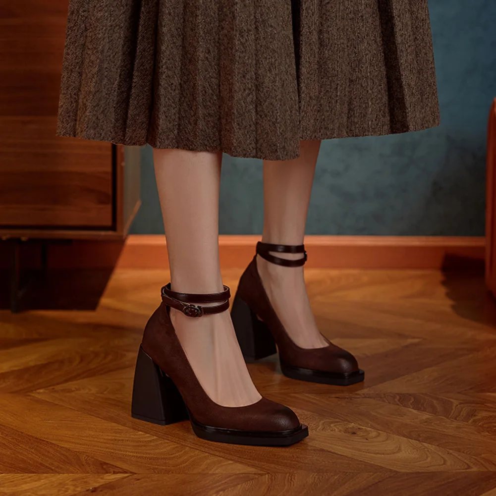 Krainluna Hot Sale Female Mary Janes Pumps Genuine Leather Square High Heels Women Shoes Concise 2022 New Arrival Shoes Woman OL