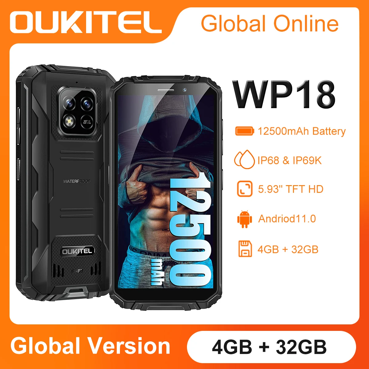 Смартфон OUKITEL WP18 защищенный, 4 + 32 ГБ, 12500 дюйма, 4 ядра, Helio A22, Android 11
