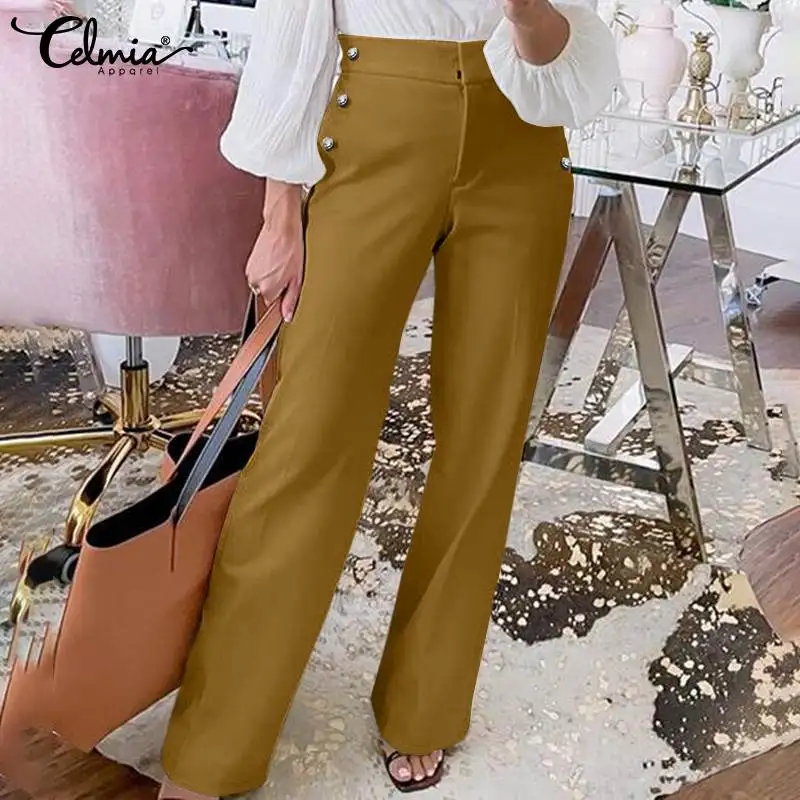 

Celmia 2022 Fashion Buttons Trousers Zipper Office Lady Wide Leg Leisure Slacks Women Solid Casual Loose High Waist Long Pants