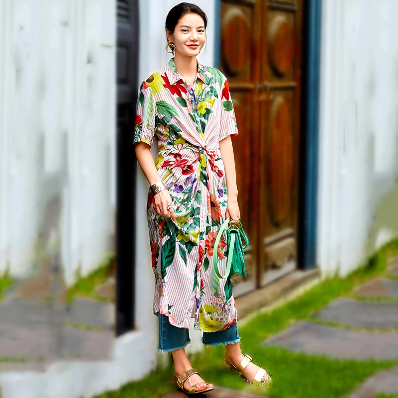 

Bohemian Style Fashion Women's Blouses Shirt-Dress Stripe Printed Summer Women's Dress Chic Single-Breasted Long Shirt SL471