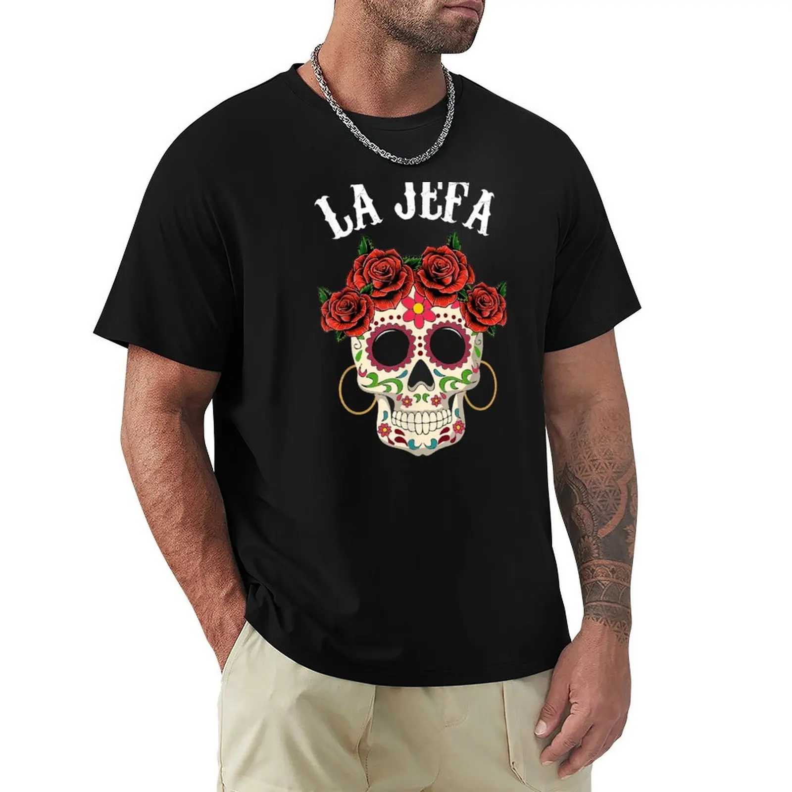 Фото Футболка La Jefa Sugar Skull Apparel в мексиканском стиле ко Дню мертвых, базовая однотонная футболка с коротким рукавом и круглым вырезом №1