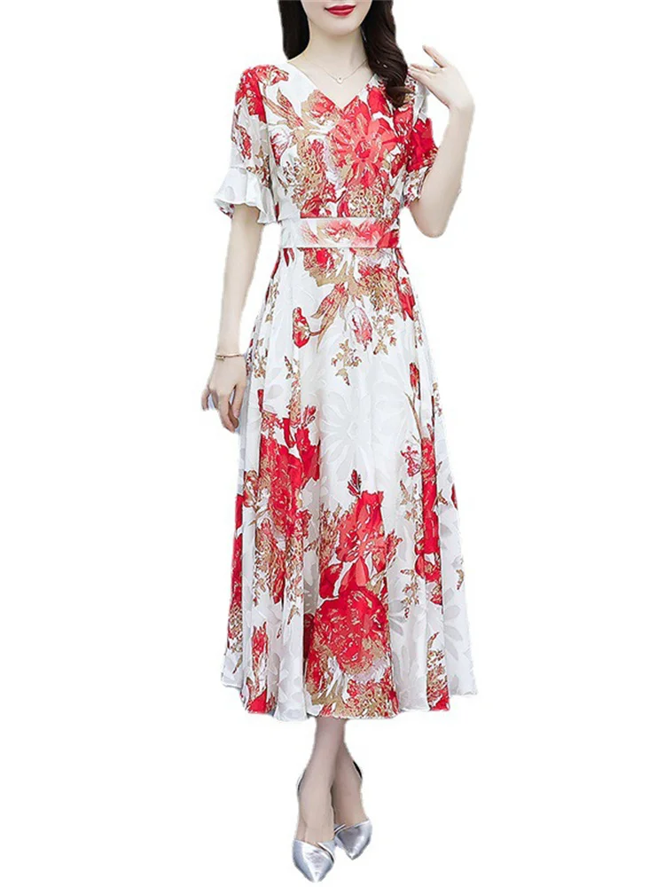 

2023 Summer New V-neck Embroidered Chiffon Dress Women's Slim Fit Beach Vacation Big Hem Long Dress