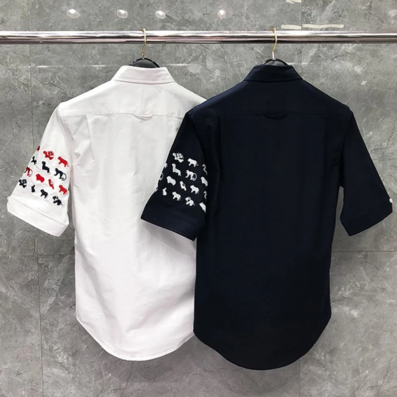TB THOM Summer Shirt Fashion Brand Short Sleeve Animals Embroidery 4-bar Striped Men's Shirt Cotton Oxford Wholesale TB Shirt
