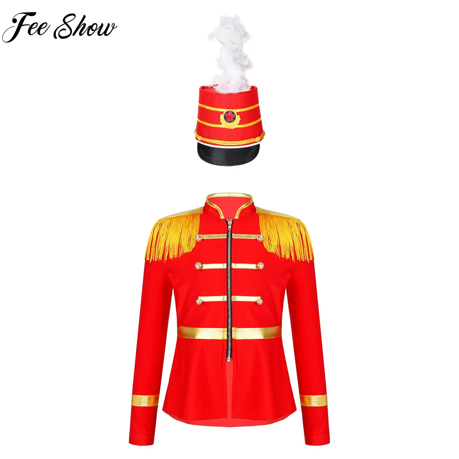 

Kids Girls Boys Circus Ringmaster Performance Costume Tassels Shoulder Zipper Coat with Feathers Decorated Ceremonial Hat Set