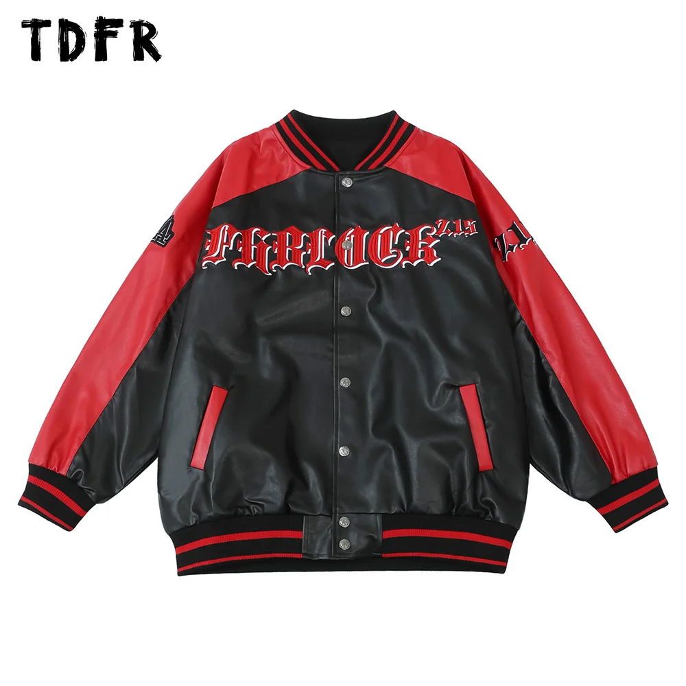 

Мужская мотоциклетная куртка с буквенной вышивкой, однобортная куртка из искусственной кожи с контрастными панелями и воротником-стойкой ...