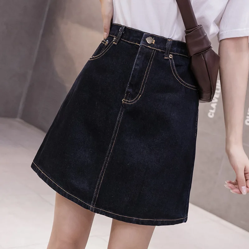 Корейская Весенняя Мини-Юбка Для Женщин, юбка с высокой талией, модная одежда для девочек, черная джинсовая юбка, ТРАПЕЦИЕВИДНОЕ повседневное короткое платье Корейская Весенняя Мини-Юбка Для Женщин, юбка с высокой талией, модная одежда для девочек, черная джинсовая юбка, ТРАПЕЦИЕВИДНОЕ повседневное короткое платье